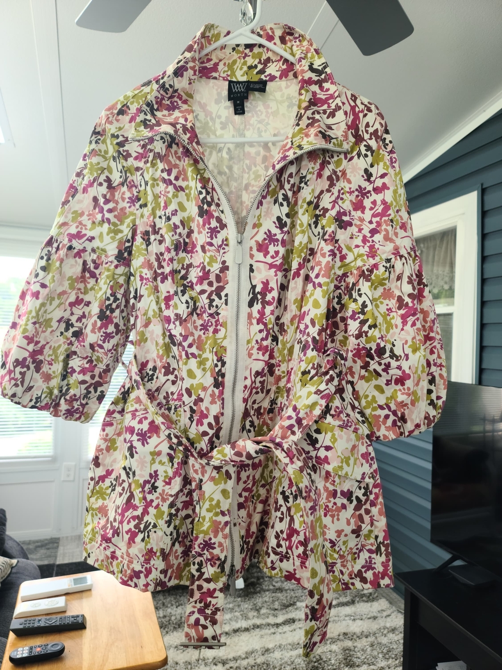 Willi Smith Floral Belted Zip Utility Jacket in Pink, Olive & Cream